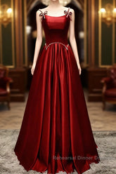 Wine Red Satin Straps Beaded Long Party Dress, Wine Red A-Line Semi Formal Prom Dress